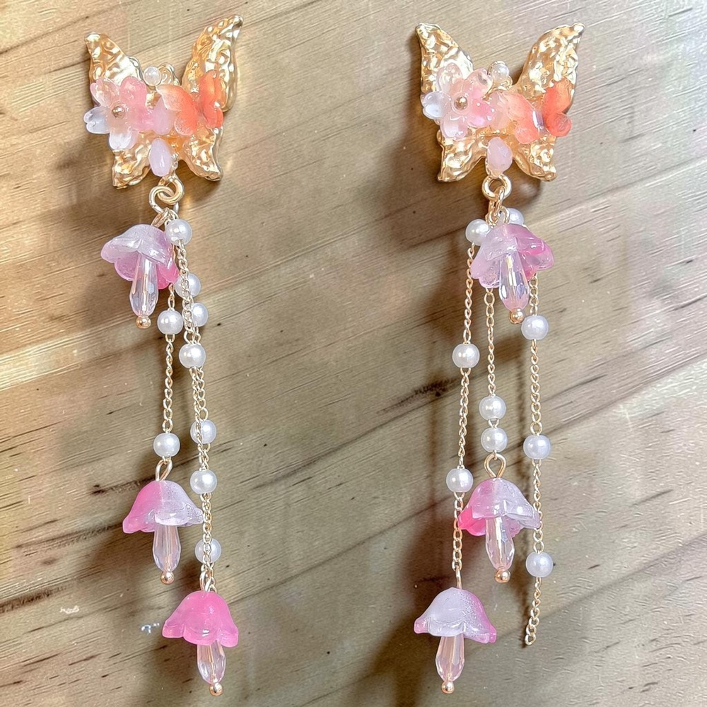 Pink Glass Bellflower Gold Tone Butterfly Shoulder Duster Earrings 925 Posts